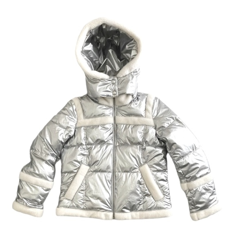 Sam Edelman METALLIC FLEECE TRIM HOODED PUFF COAT IN SILVER NWT - Picture 6 of 14